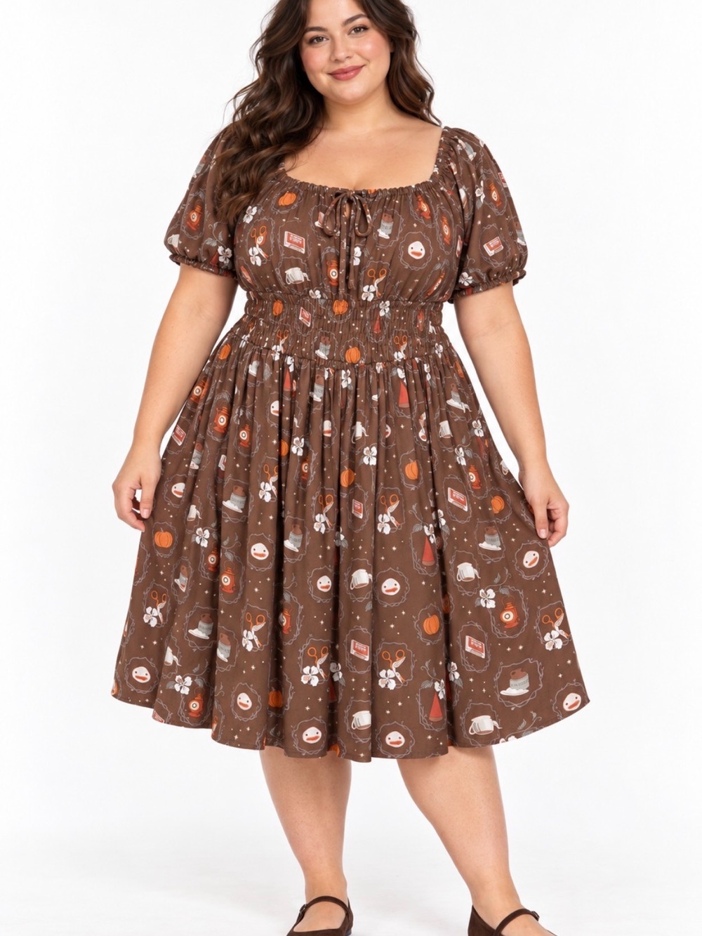 Over the Garden Wall Floral Icons Smock Dress Plus Size 1x Brown